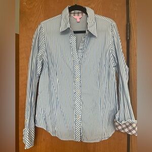 VGUC Lilly Pulitzer blue striped ruffle trim  blouse 14